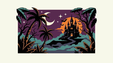 A mysterious gothic castle stands under a crescent moon in a tropical landscape © yuka