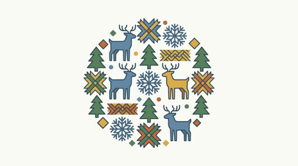 Circular winter pattern with stylized deer and snowflakes © yuka