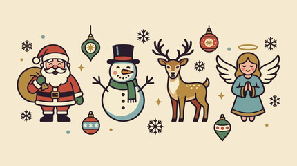 Cute cartoon Christmas characters with Santa snowman reindeer and angel © farel