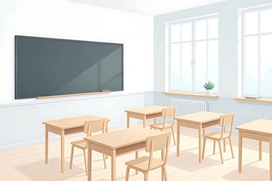 Modern empty classroom interior with large windows for virtual zoom background and school web banner