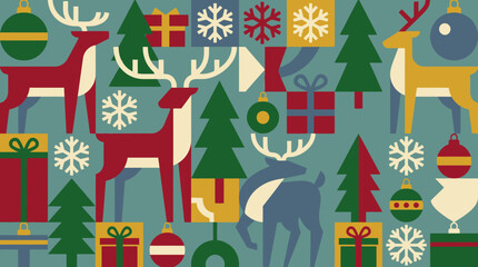 Festive geometric pattern featuring stylized reindeer and Christmas trees © alvarez