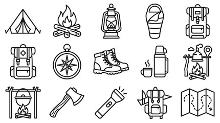 Fototapeta premium Camping Gear Icons: Tent, Fire, Backpack, Boots, Lantern, Sleeping Bag, Compass, Map