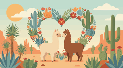 Fototapeta premium Two llamas standing in a desert landscape.
