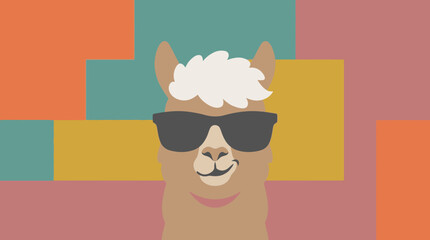 A cartoon llama wearing sunglasses on colorful background. © Abhinaya Project