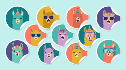 Colorful llama stickers with sunglasses and hats. © Abhinaya Project