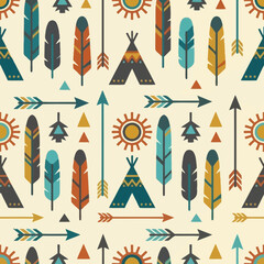 Seamless pattern with tribal elements like arrows, feathers and teepees © alvarez