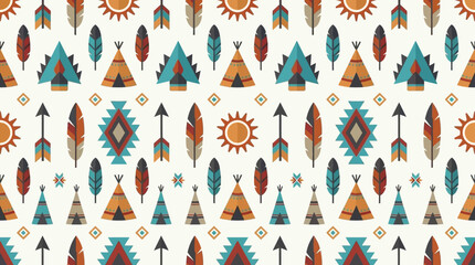 Seamless pattern with tribal teepees feathers and arrows on white background © anang