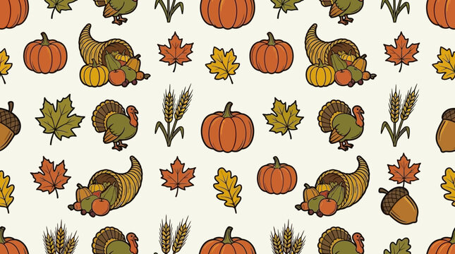Seamless autumn pattern with pumpkins, cornucopias, turkeys and fall foliage