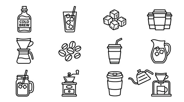 Cold Brew Coffee Icons Set: Vector Illustrations of Coffee Making and Drinks