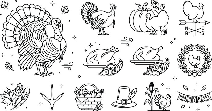 Thanksgiving holiday harvest line art icon set featuring turkey pumpkin pilgrim hat cornucopia and autumn foliage linear vector