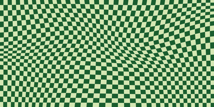Green checkered pattern with a distorted, wavy surface effect, creating an optical illusion suitable for abstract backgrounds and graphic design projects.