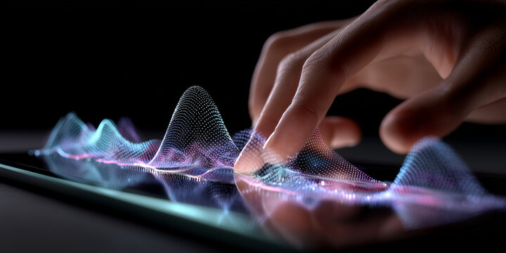  Hand wave expands 3D waveforms forming holographic neural net over tablet.
