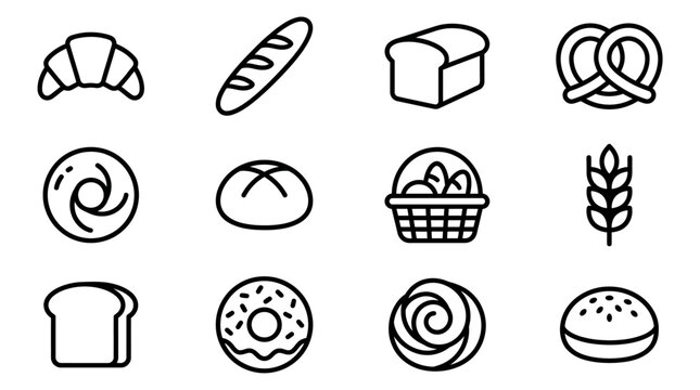 Bakery Icons: Croissant, Bread, Pretzel, Donut, Wheat, Pastries Collection