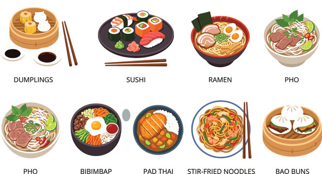 Traditional Asian Food Menu Vector Illustration Set Featuring Dumplings, Sushi, Ramen, Pho, Bibimbap, Pad Thai, Stir Fried Noodles, and Bao Buns