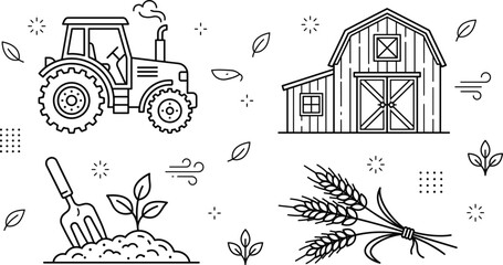 Agriculture and farming line icon set with tractor wooden barn garden trowel seedling and wheat stalks vector elements © MdShakib