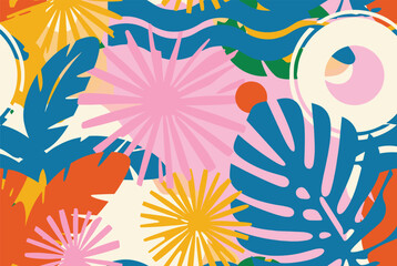 Fototapeta premium Vibrant tropical seamless pattern featuring colorful monstera leaves, palm fronds, and wavy lines in a bold modern artistic style.