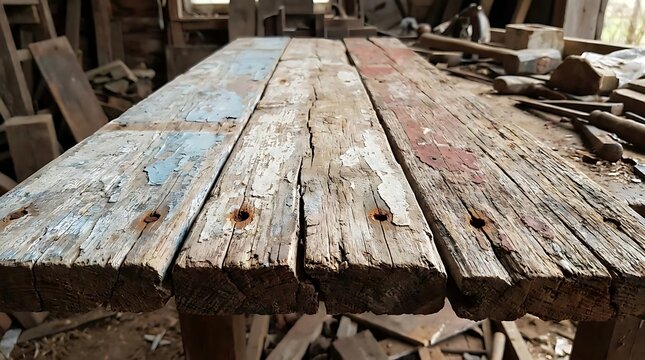 Weathered wooden tabletop with rustic surface and aged texture