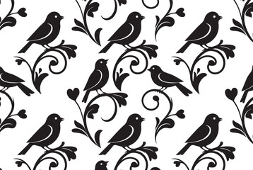 Fototapeta premium Black bird silhouettes perched on elegant floral branch swirls form a repeating seamless pattern on a crisp white background for textile design.