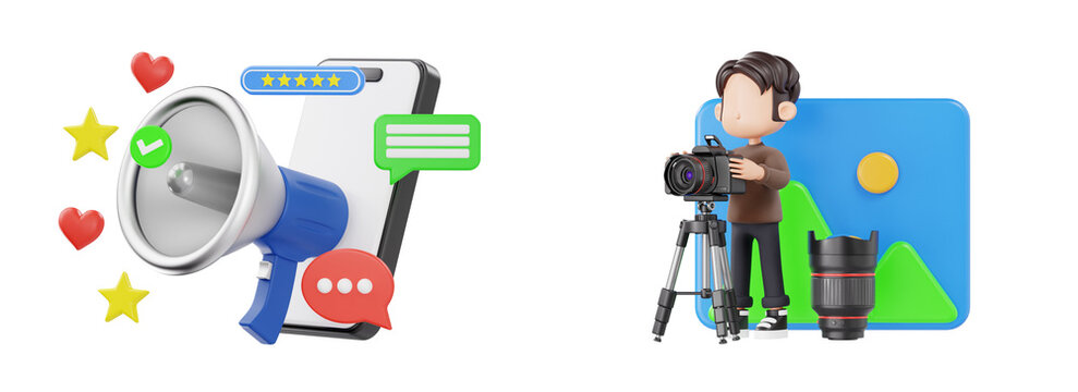 3D Digital Marketing and Photography Icons Set with Social Media Promotion and Professional Camera Creator