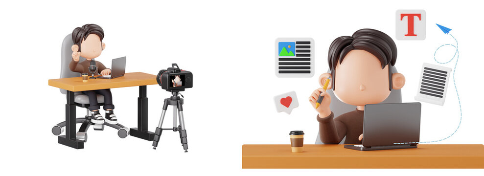 3D Content Creator and Copywriting Icons Set with Video Recording and Creative Workspace