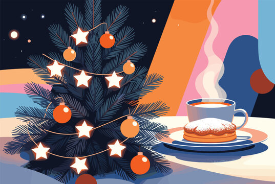 Cozy holiday scene featuring a stylized blue Christmas tree decorated with stars and ornaments next to a hot cup of coffee and a powdered pastry.