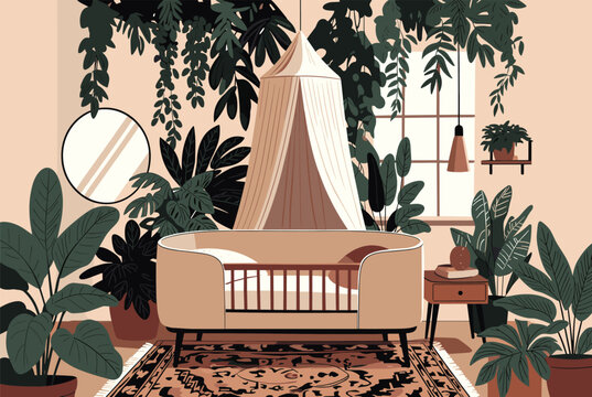 Beautifully decorated indoor nursery room filled with lush green plants a stylish crib and a white canopy creating a serene botanical atmosphere.