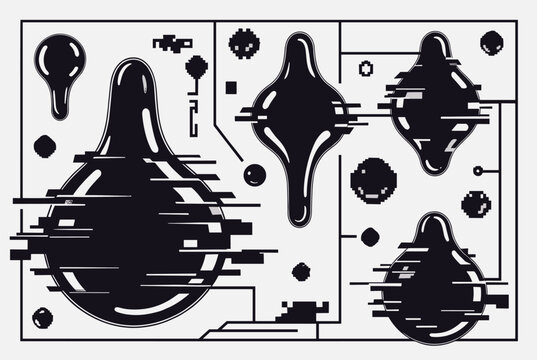 Surreal abstract illustration featuring black melting droplets and liquid shapes with digital glitch distortions in a monochromatic graphic style.