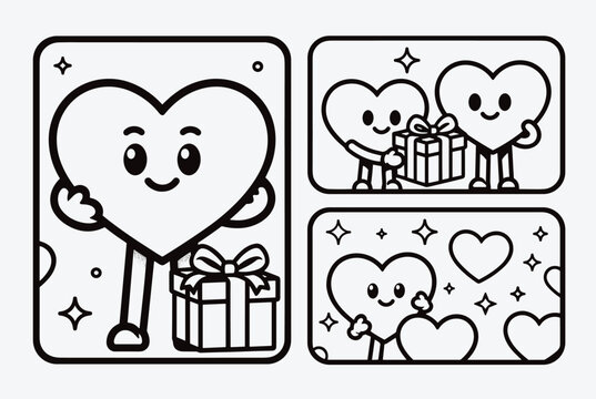 Delightful coloring book page featuring cute personified heart characters with smiling faces holding gift boxes and surrounded by stars and gifts.