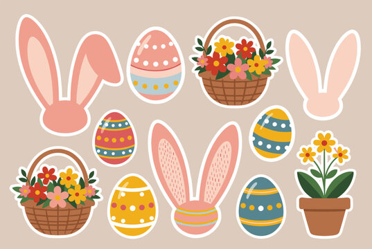 Adorable collection of Easter themed stickers featuring bunny ears colorful decorated eggs flower baskets and a potted plant on a tan background.