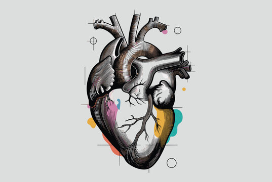Vintage anatomical illustration of a human heart combined with colorful abstract shapes and geometric lines for a medical and artistic concept.