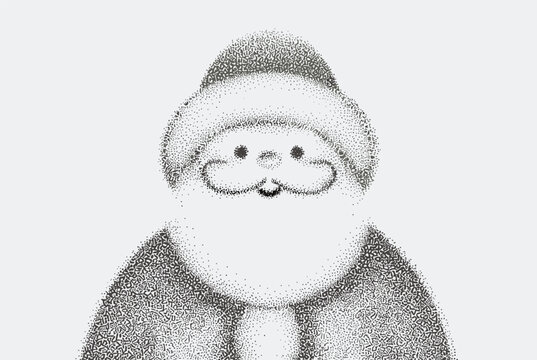 Charming stippled illustration of Santa Claus with a friendly face and round beard created using a detailed dotwork technique on a white background.