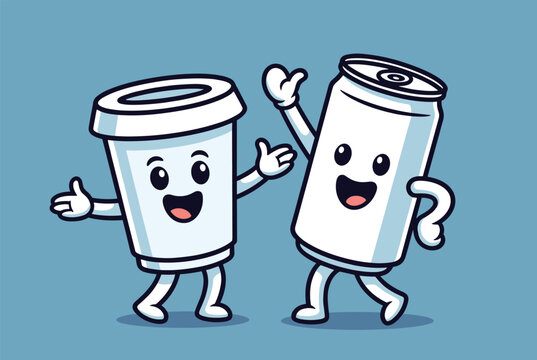 Cute cartoon characters representing a disposable coffee cup and an aluminum soda can with happy faces and waving hands on a blue background.
