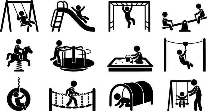 Playground equipment icon set in a flat black silhouette style including swing, slide, monkey bars, seesaw, merry-go-round, sandbox, zip line and jungle gym.