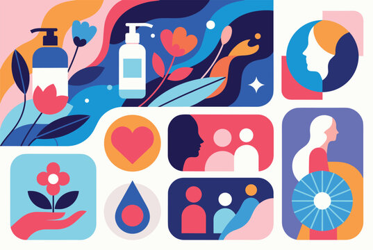 Vibrant abstract collage featuring female silhouettes floral elements and icons for skincare health and wellness in a modern colorful graphic style.