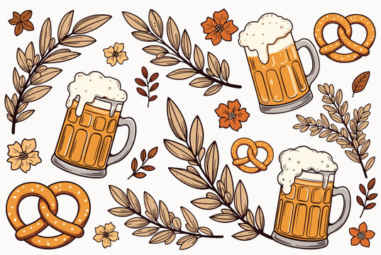 Rustic collection of beer mugs with foam tasty pretzels and autumn branches with leaves on a white background for brewery and festival themes.