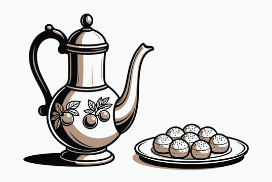 Elegant still life illustration in a vintage style featuring a decorated teapot and a plate of round pastries or cookies on a white background.