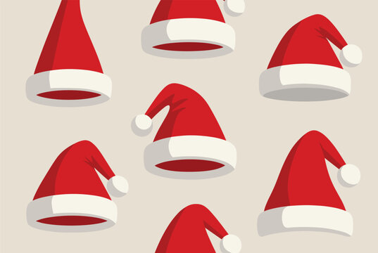 Festive seamless pattern of red and white Santa Claus hats in various positions on a neutral background for Christmas and holiday design projects.
