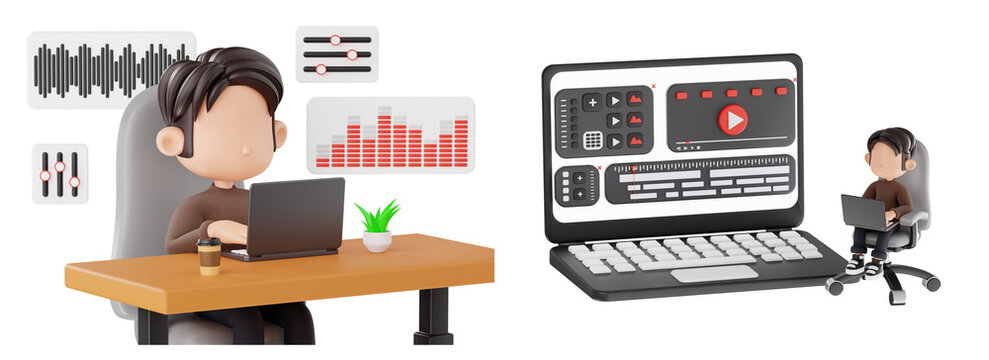 3D Audio and Video Editing Icons Set with Creative Media Production Workspace