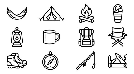 Fototapeta premium Camping Icons: Tent, Hammock, Fire, Sleeping Bag, Lantern, Mug, Backpack, Chair, Boots