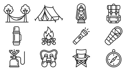 Fototapeta premium Camping Icons Set: Tent, Backpack, Lantern, Hammock, Sleeping Bag, Compass