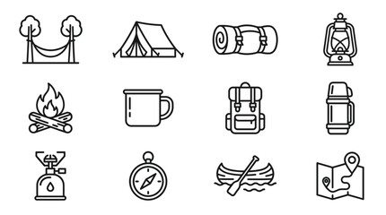 Fototapeta premium Camping and Outdoor Adventure Icons: Tent, Campfire, Backpack, Compass, Canoe, Map