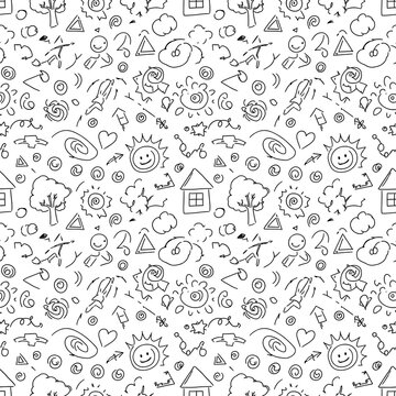 Playful Black Line Doodle Pattern Repeating on White Background