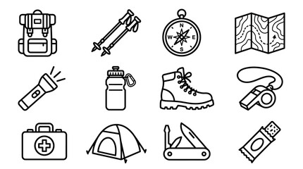 Fototapeta premium Outdoor Adventure Gear Icons: Backpack, Tent, Boots, Map, Compass, Poles, Whistle, First Aid