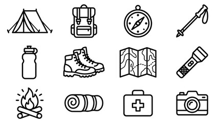 Fototapeta premium Camping Gear Icons: Tent, Backpack, Compass, Boots, Map, Flashlight, Fire, Sleeping Bag, First Aid