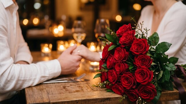 A romantic candlelight dinner featuring a couple holding hands beside a stunning bouquet of fresh red roses. Ideal for Valentine's Day, anniversaries, and romantic date concepts.