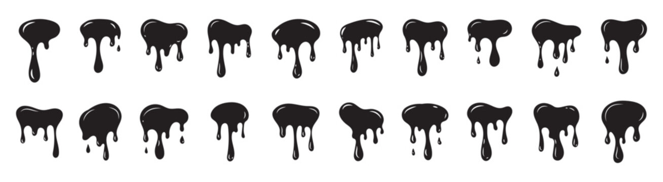 Ink drip and blob paint, splatter and splash set. Black dripping ink. ink seamless pattern. Liquids dripping paint drop. Various dripping black paint