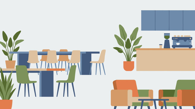 Minimalist cafe interior with dining tables, lounge chairs and a coffee station