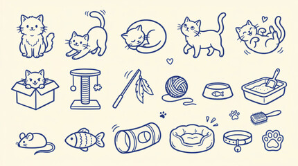 Minimalist cat line art icons, cute kitten character set with pet supplies, blue doodle style feline illustrations for pet shop branding © Muhammad