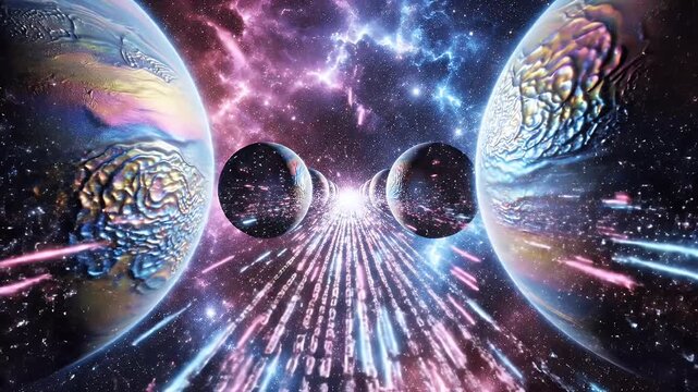 A surreal cosmic scene with luminous planets, nebulae, and a tunnel of light