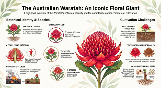 Educational infographic exploring the waratah, its botany, cultivation, pollination, ecology, symbolism and cultural significance.
